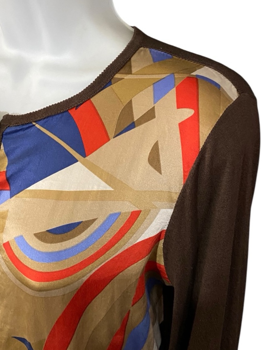 T Tahari Silk Blend Cardigan M Abstract Print Brown Artsy Retro Mod Geometric - Picture 6 of 10